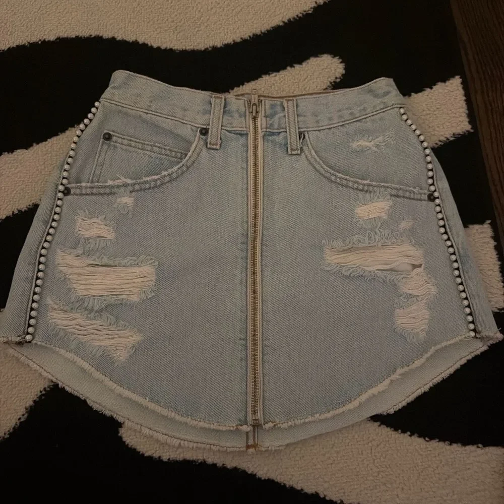 Denim Mini Skirt with Pearl Accents - Picture 2 of 2